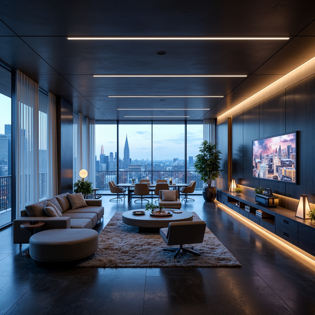 Prompt: Futuristic living room, sleek metallic walls, minimalist decor, angular lines, LED lighting strips, holographic displays, virtual reality zones, smart home systems, automated curtains, floor-to-ceiling windows, panoramic city views, open-plan kitchen, futuristic appliances, induction cooktops, circular dining tables, ergonomic chairs, ambient occlusion, soft neon glow, shallow depth of field, 3/4 composition, realistic textures.