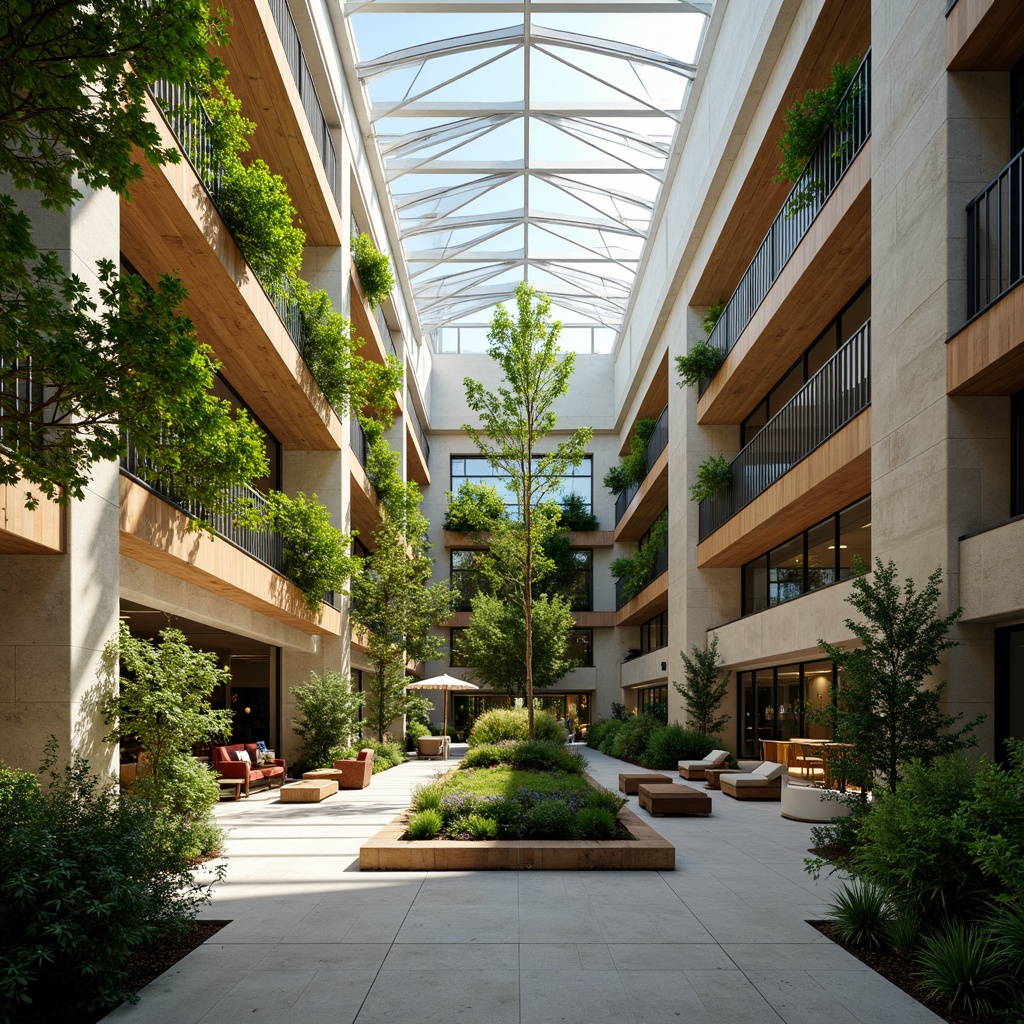 Prompt: Vibrant atrium, lush greenery, natural stone walls, wooden accents, floor-to-ceiling windows, clerestory windows, skylights, open floor plans, minimalist decor, reflective surfaces, bright color schemes, warm ambient lighting, soft shadows, 1/1 composition, shallow depth of field, panoramic view, realistic textures, ambient occlusion.