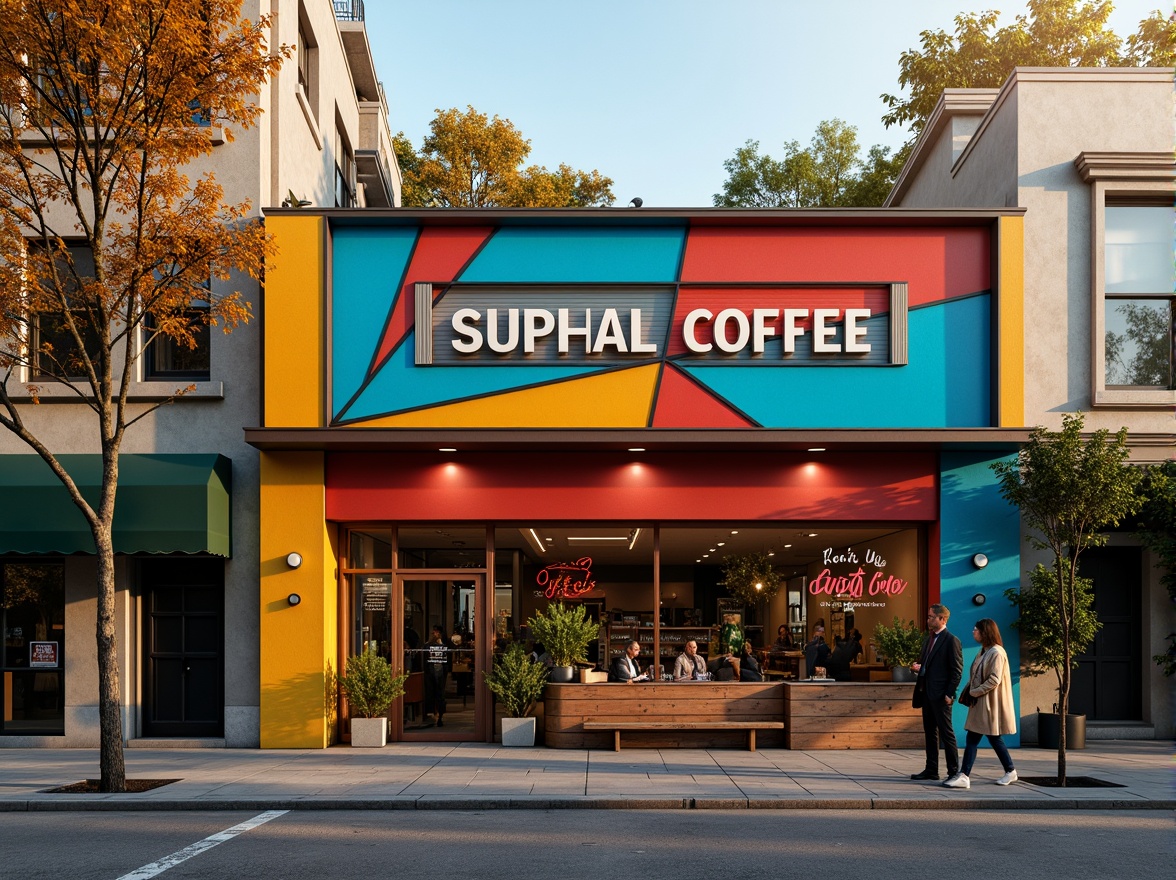 Prompt: Vibrant coffee shop facade, eclectic postmodern architecture, bold color blocking, irregular shapes, playful typography, neon signage, metal accents, reclaimed wood textures, industrial chic aesthetic, urban cityscape, bustling streets, morning sunlight, warm golden lighting, shallow depth of field, 1/1 composition, realistic materials, ambient occlusion.