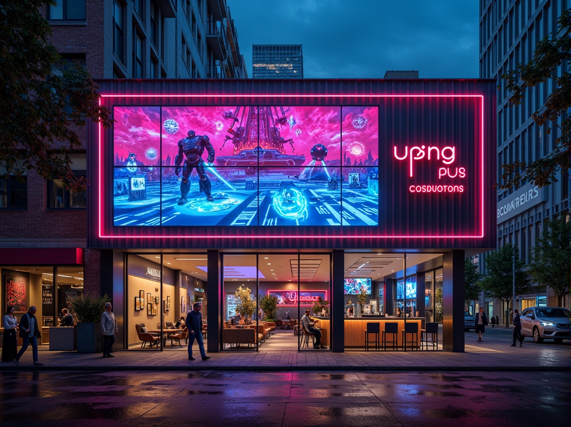 Prompt: Neon-lit pub facade, futuristic architecture, metallic materials, angular lines, holographic advertisements, cyberpunk-inspired signage, vibrant LED lights, transparent glass walls, minimalist interior design, high-tech bar equipment, robotic bartenders, virtual reality experiences, immersive gaming areas, neon-lit streetscape, rainy night atmosphere, shallow depth of field, 1/1 composition, cinematic lighting, realistic reflections, ambient occlusion.