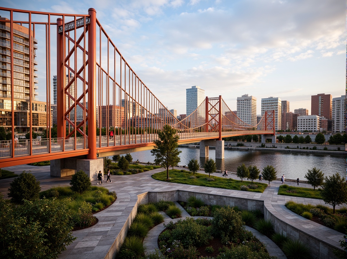 Prompt: Vibrant urban landscape, eclectic bridge design, steel arches, suspension cables, modern architecture, asymmetrical shapes, bold color schemes, dynamic lighting effects, pedestrian walkways, cycling paths, green roofs, integrated gardens, natural stone walls, water features, scenic overlooks, panoramic views, shallow depth of field, 1/2 composition, warm golden hour lighting, realistic textures, ambient occlusion.