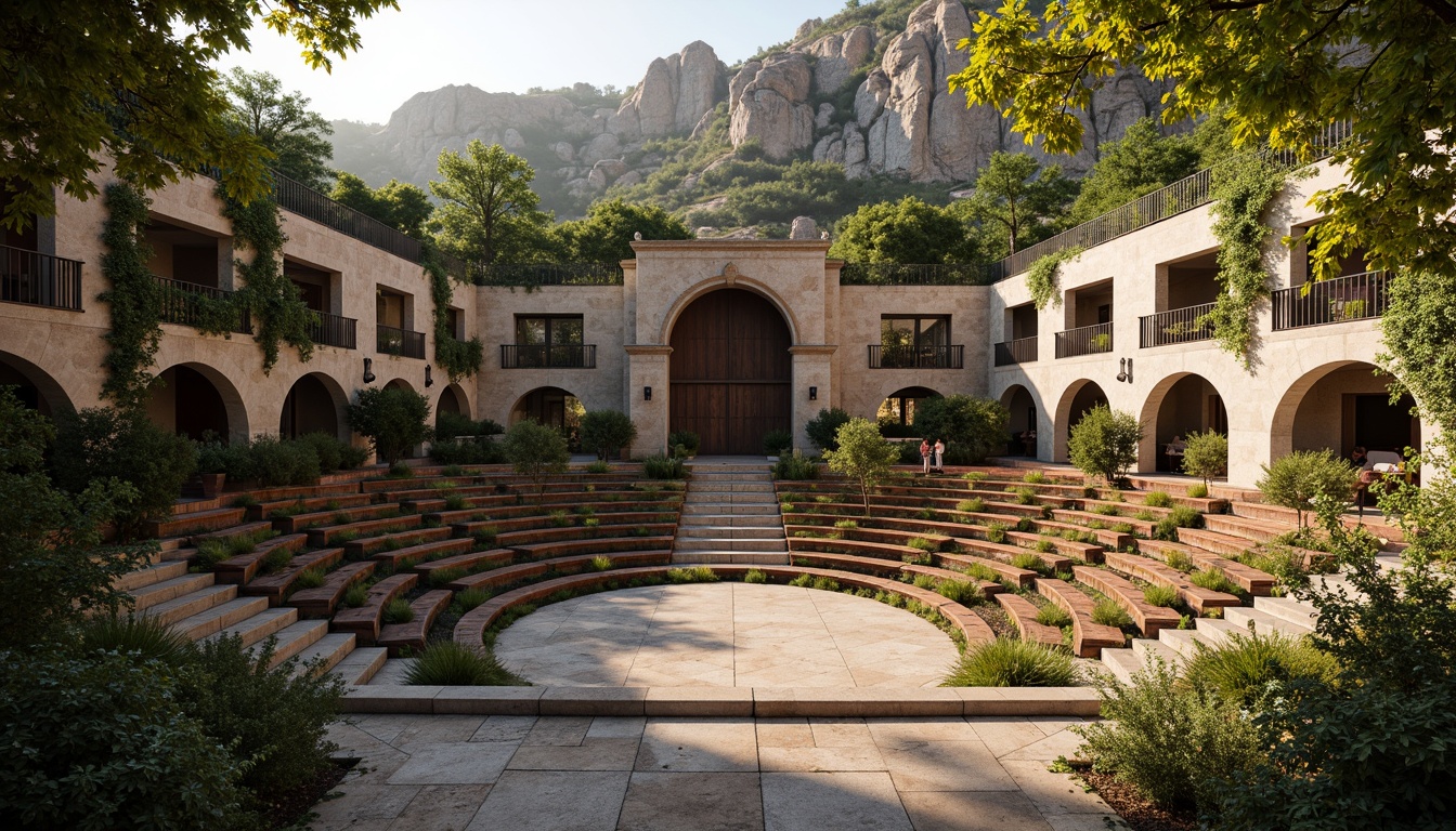 Prompt: Grand amphitheater, tiered seating, rustic stone walls, weathered wooden benches, vibrant greenery, lush foliage, natural rock formations, dramatic arches, grandiose entrance, ornate metal railings, warm golden lighting, soft shadows, high contrast textures, rough stone floors, smooth wooden surfaces, dynamic angular lines, symmetrical composition, 1/2 frame division, atmospheric perspective, realistic material rendering.