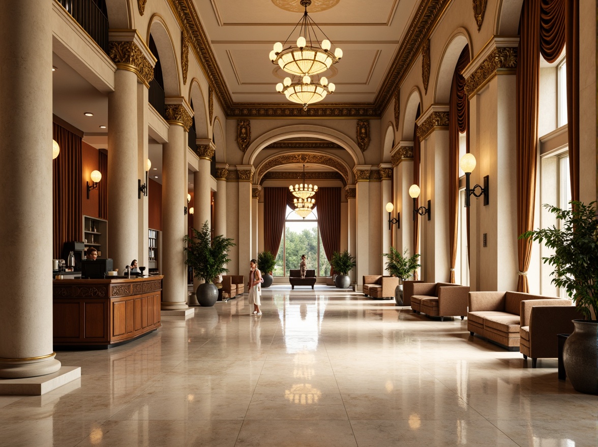 Prompt: Grand hotel lobby, ornate columns, intricately carved capitals, polished marble floors, elegant chandeliers, luxurious furnishings, rich velvet drapes, golden accents, symmetrical composition, classical arches, ornamental moldings, subtle lighting, warm beige tones, refined textures, shallow depth of field, 1/1 composition, realistic reflections, ambient occlusion.