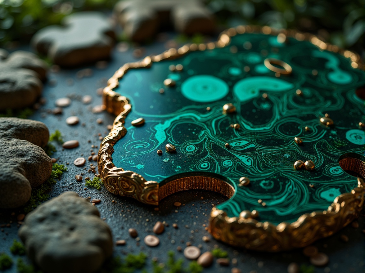 Prompt: Rich malachite gemstone, swirling patterns, deep blues, emerald greens, copper accents, earthy undertones, luxurious velvet textures, ornate gold details, mystical ambiance, dim warm lighting, shallow depth of field, 1/2 composition, realistic reflections, ambient occlusion.