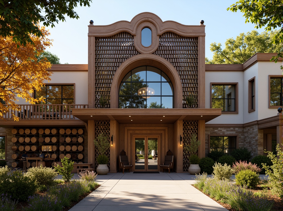 Prompt: Luxurious winery, Art Deco facade, ornate metalwork, geometric patterns, lavish decorations, grand entrance, sweeping curves, opulent materials, rich wood tones, vintage wine barrels, rustic stone walls, lush vineyards, sunny afternoon, warm golden lighting, shallow depth of field, 1/1 composition, symmetrical view, realistic textures, ambient occlusion.