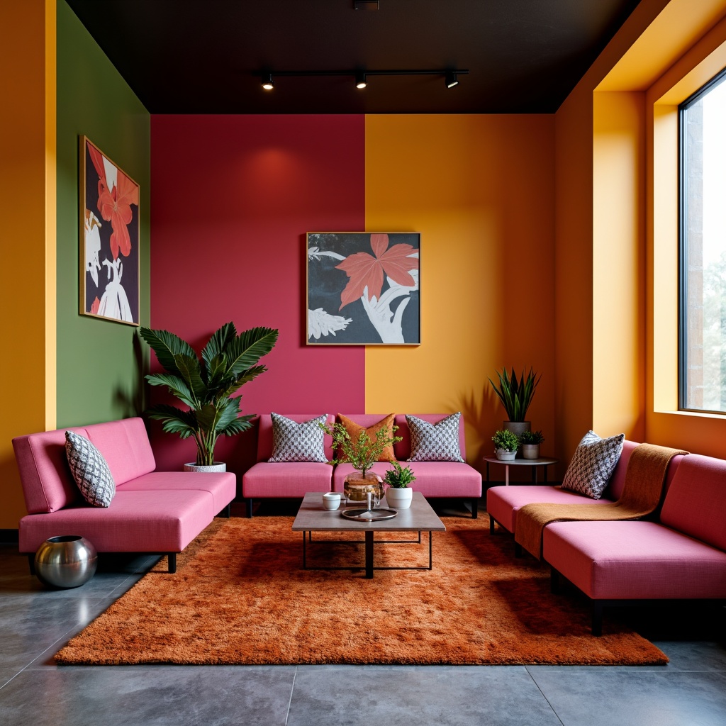 Prompt: Vibrant accent walls, bold color blocking, contrasting furniture upholstery, richly textured rugs, metallic decorative accents, modern minimalist decor, sleek low-profile seating, geometric patterned throw pillows, warm ambient lighting, soft focus blur, 1/2 composition, shallow depth of field, realistic material reflections.