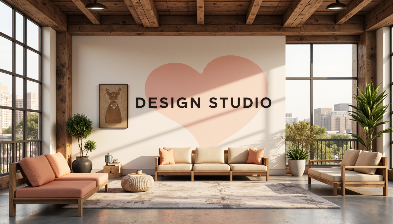 Prompt: Vibrant design studio, modern minimalist aesthetic, bold typography, pastel color scheme, soft peach tones, creamy whites, rich charcoal accents, natural wood textures, industrial metal elements, urban cityscape background, warm golden lighting, shallow depth of field, 1/1 composition, realistic renderings, ambient occlusion.