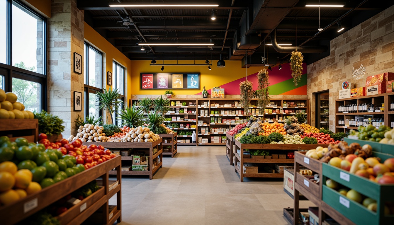 Prompt: Vibrant grocery store interior, bold color scheme, bright signage, fresh produce displays, wooden crates, metal shelves, modern lighting fixtures, polished concrete floors, natural stone walls, eclectic decorative accents, lively atmosphere, warm inviting ambiance, shallow depth of field, 1/1 composition, realistic textures, ambient occlusion.