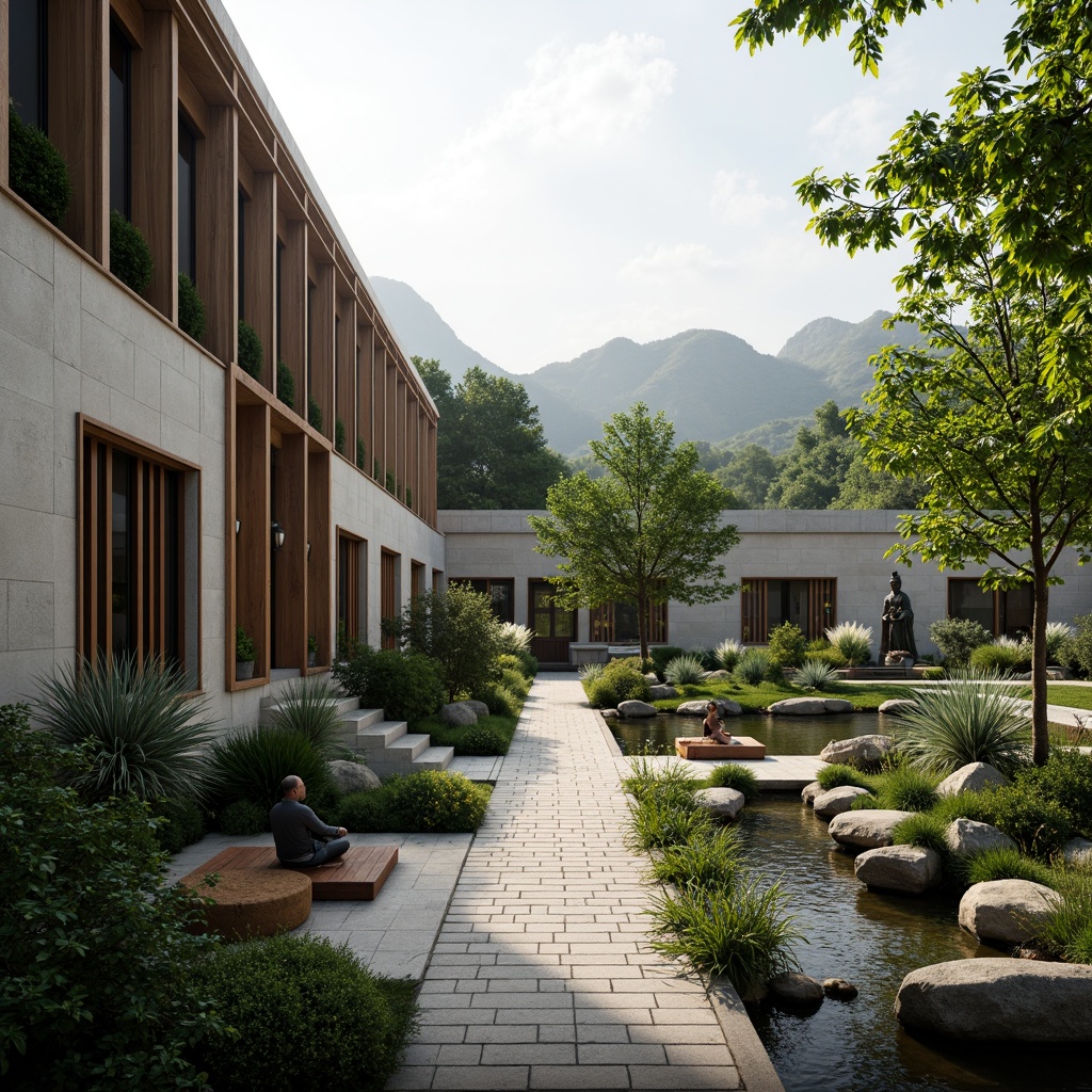 Prompt: Serene monastery courtyard, lush greenery, natural stone walls, modern minimalist architecture, clean lines, simple forms, large windows, glass doors, wooden accents, peaceful ambiance, misty morning, soft warm lighting, shallow depth of field, 3/4 composition, panoramic view, realistic textures, ambient occlusion, surrounding mountains, rolling hills, winding paths, rustic benches, spiritual statues, water features, koi ponds, bamboo forests, subtle fog effects.