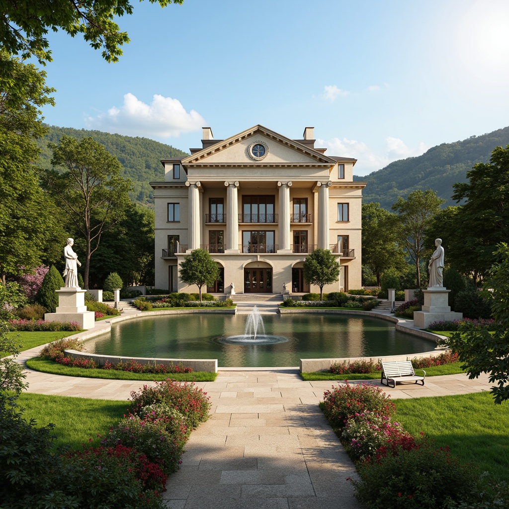 Prompt: Grand neoclassical mansion, symmetrical facade, ornate columns, carved stone details, lush greenery, rolling hills, serene lake, walking paths, benches, classical statues, vibrant flowers, blooming trees, sunny day, soft warm lighting, shallow depth of field, 3/4 composition, panoramic view, realistic textures, ambient occlusion, harmonious integration with nature, elegant landscaping, manicured lawns, decorative fountains, ornate iron gates.