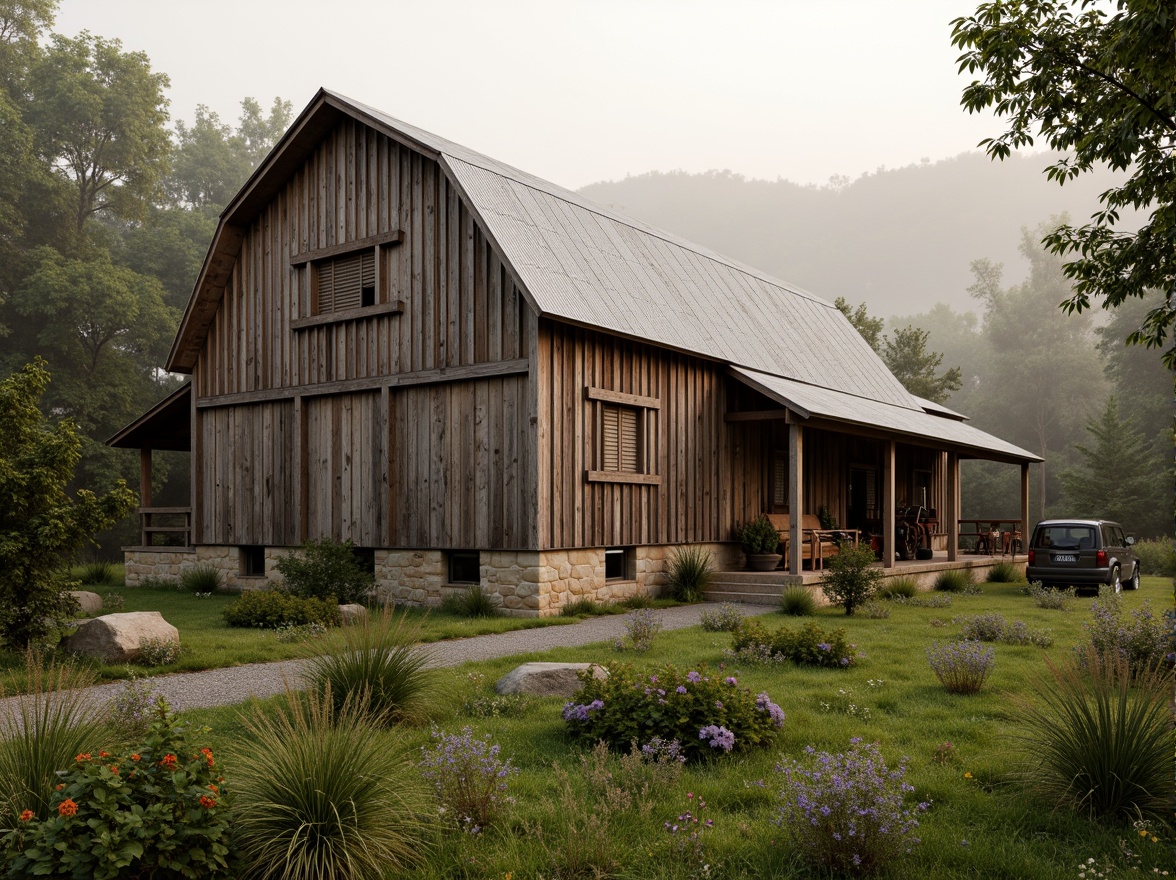 Prompt: Rustic barn, weathered wood planks, distressed finishes, earthy tones, natural stone foundations, wooden shutters, corrugated metal roofs, vintage farm equipment, overgrown wildflowers, lush greenery, misty morning, soft warm lighting, shallow depth of field, 3/4 composition, panoramic view, realistic textures, ambient occlusion.