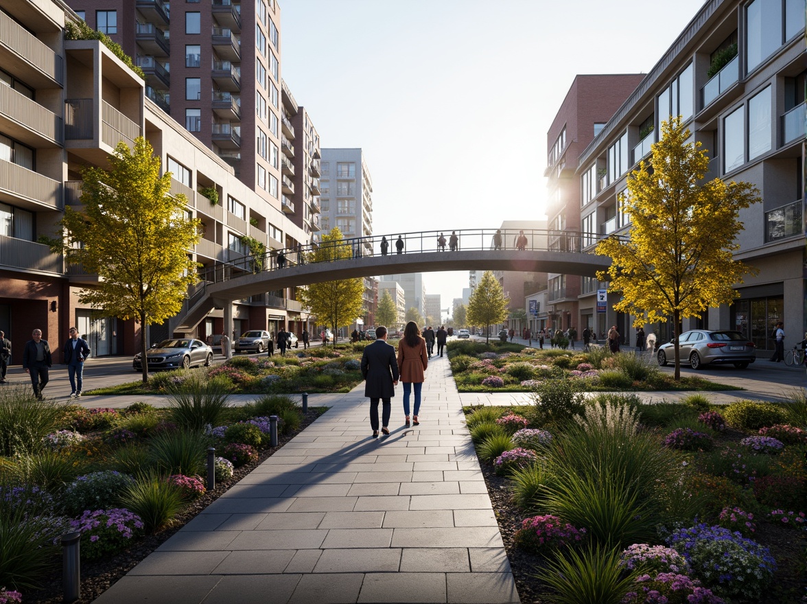 Prompt: Curved pedestrian bridge, sleek metal railings, modernist architecture, urban cityscape, vibrant street art, bustling streets, morning sunlight, soft warm lighting, shallow depth of field, 3/4 composition, panoramic view, realistic textures, ambient occlusion, integrated landscaping, lush greenery, blooming flowers, natural stone walkways, water features, reflecting pools, modern street furniture, innovative urban design, sustainable materials, eco-friendly infrastructure.