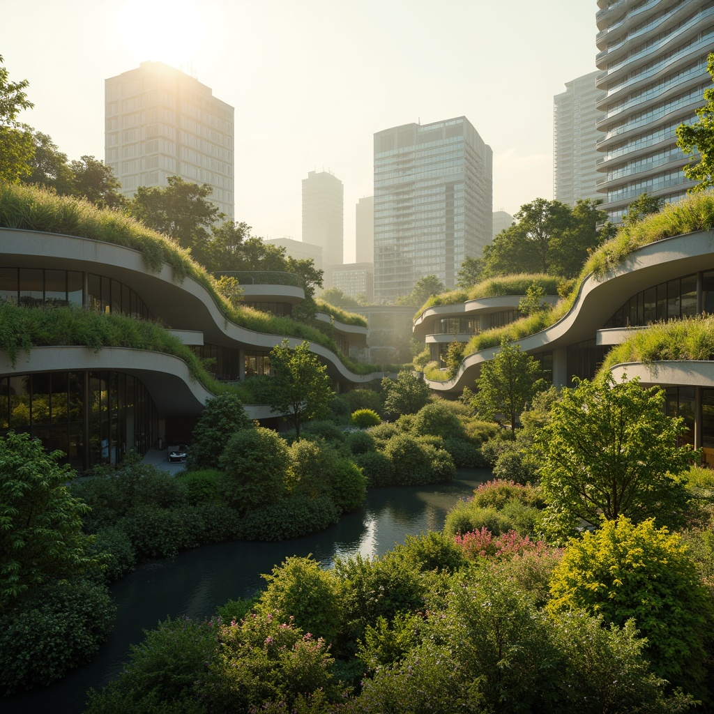 Prompt: Lush green roofs, verdant walls, cinematic cityscape, futuristic architecture, sleek curves, sustainable design, eco-friendly materials, natural ventilation systems, abundant sunlight, soft warm lighting, shallow depth of field, 3/4 composition, panoramic view, realistic textures, ambient occlusion, serene atmosphere, vibrant flowers, trees, misty morning, gentle breeze, peaceful ambiance.