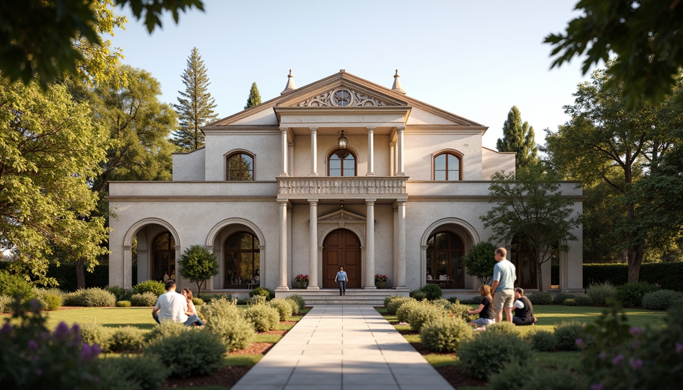 Prompt: Elegant monastery facade, neoclassical architecture, symmetrical composition, ornate stone carvings, grand entrance arches, Corinthian columns, rusticated base, subtle pilasters, decorative frieze, pedimented windows, arched doorways, intricate moldings, soft warm lighting, shallow depth of field, 1/1 composition, realistic textures, ambient occlusion, serene atmosphere, peaceful courtyard, lush greenery, vibrant flowers.