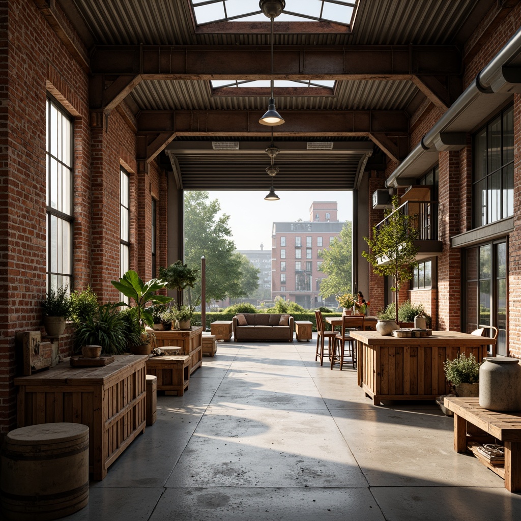 Prompt: Rustic warehouse, exposed brick walls, metal beams, wooden crates, industrial lighting, concrete floors, steel frames, corrugated metal roofs, reclaimed wood accents, earthy color palette, natural textures, urban landscape, cityscape views, functional design, open spaces, minimal ornamentation, raw finishes, distressed materials, vintage machinery, eclectic decor, warm atmospheric lighting, shallow depth of field, 1/1 composition, realistic renderings.