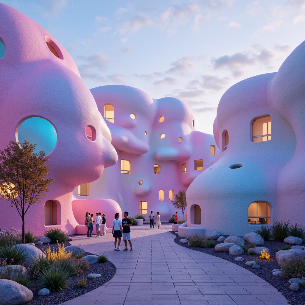 Prompt: Vibrant blob-shaped buildings, iridescent colors, gradient effects, pastel hues, soft warm lighting, whimsical architecture, playful rounded forms, futuristic design, neon-lit accents, glowing LED lights, translucent materials, ethereal ambiance, dreamy atmosphere, surreal landscapes, misty foggy surroundings, shallow depth of field, 1/1 composition, symmetrical balance, bold color blocking, analogous color schemes, triadic color harmony, monochromatic gradients.