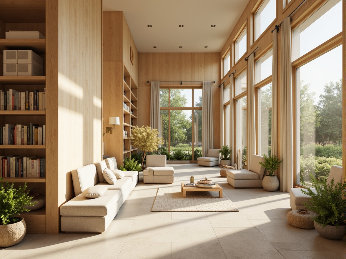 Prompt: Muted earthy tones, soft pastel hues, calming beige walls, natural wood accents, plush greenery, creamy whites, warm golden lighting, cozy reading nooks, comfortable seating areas, minimalist decor, subtle texture contrasts, organic shapes, serene atmosphere, shallow depth of field, 1/1 composition, realistic renderings, ambient occlusion.