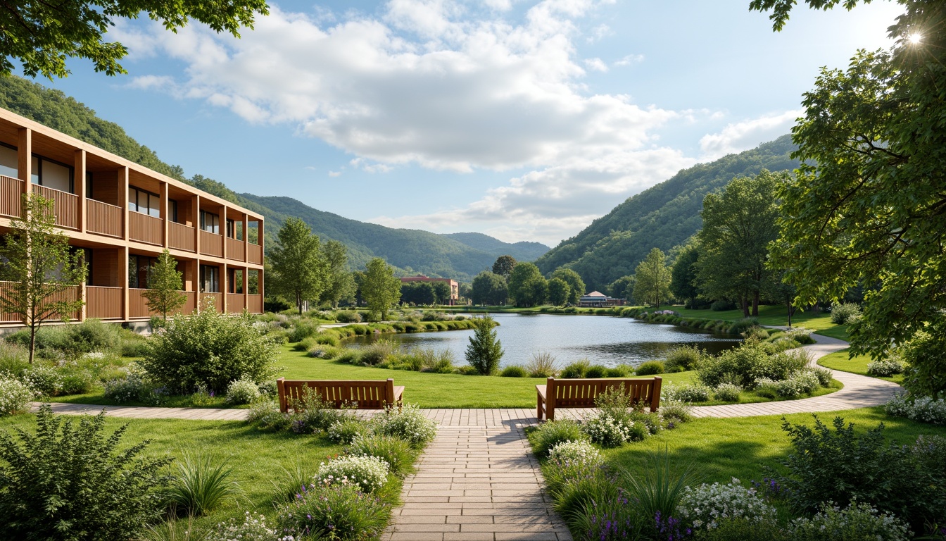 Prompt: Harmonious landscape integration, rolling hills, lush greenery, serene lakeside, walking trails, wooden benches, natural stone pathways, modern architecture, large windows, glass doors, blooming flowers, sunny day, soft warm lighting, shallow depth of field, 3/4 composition, panoramic view, realistic textures, ambient occlusion.