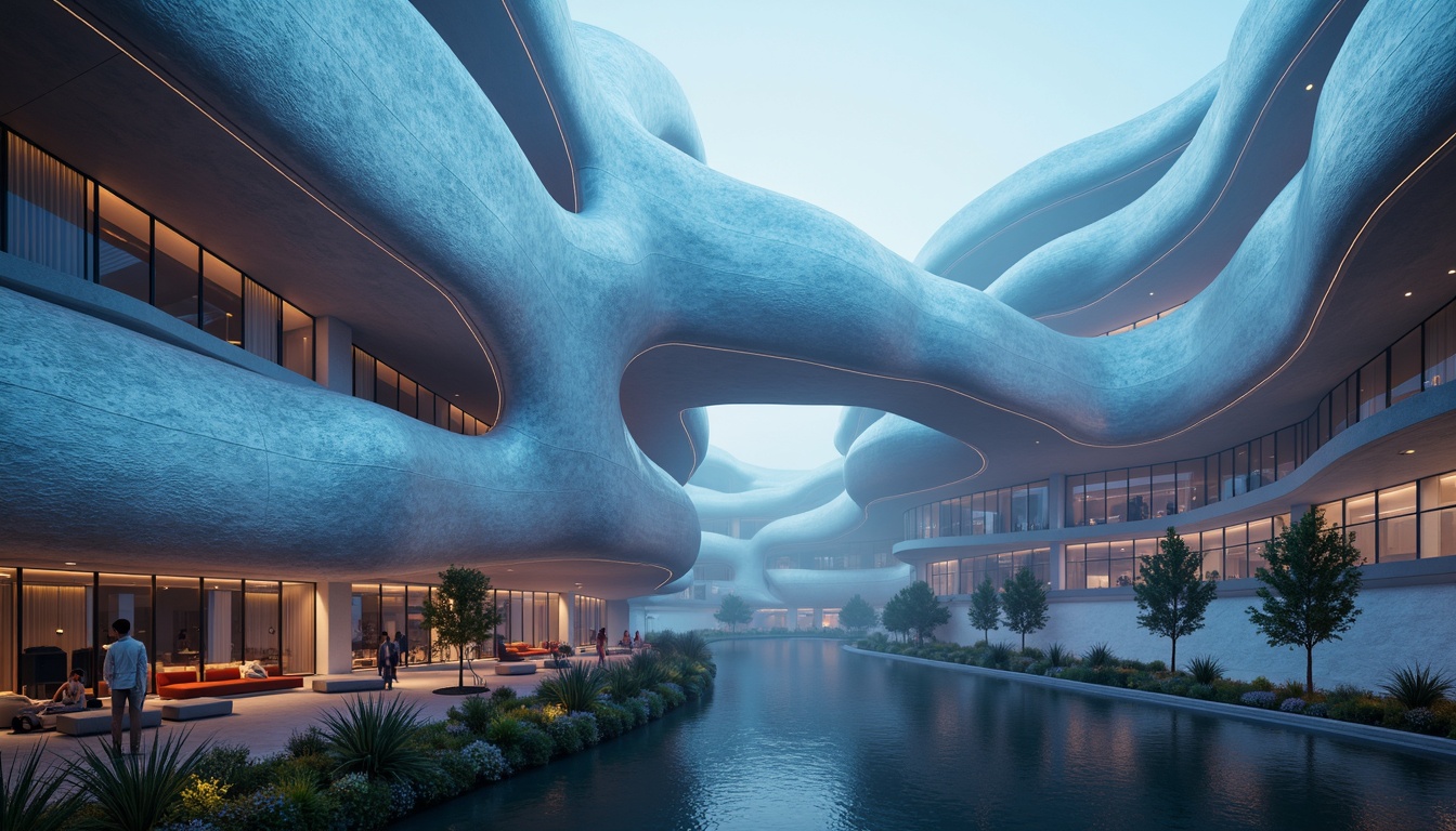 Prompt: Curved, amoeba-like buildings, iridescent colors, translucent membranes, undulating walls, fluidic shapes, futuristic architecture, bioluminescent accents, misty atmosphere, soft focus, shallow depth of field, 1/2 composition, wide-angle lens, dreamy lighting, ethereal ambiance, organic textures, subtle animations, surreal landscape, eerie soundscape.