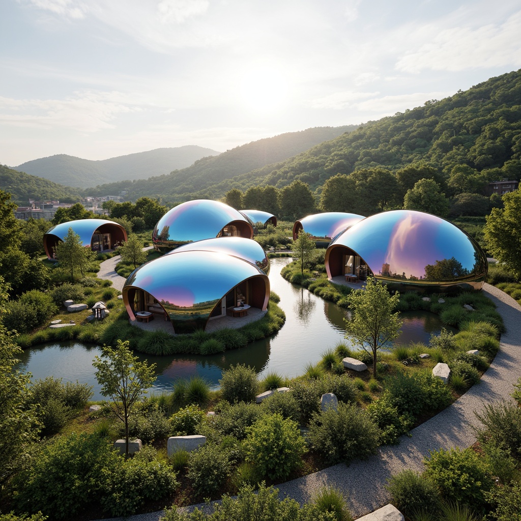 Prompt: Organic blob-shaped buildings, futuristic architecture, iridescent colors, glossy surfaces, undulating curves, natural landscape integration, rolling hills, lush greenery, meandering pathways, serene water features, reflecting pools, raked gravel gardens, moss-covered walls, weathered wood accents, soft warm lighting, shallow depth of field, 3/4 composition, panoramic view, realistic textures, ambient occlusion.