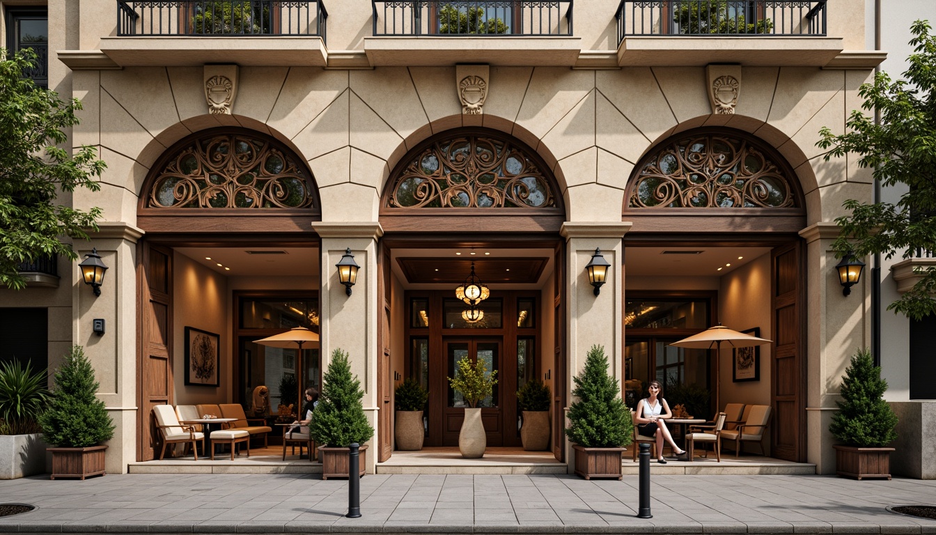 Prompt: Renaissance-style coffee shop facade, ornate stone carvings, arched windows, rustic wooden doors, vintage metal lanterns, intricate stucco patterns, warm beige color scheme, ornamental columns, grand entrance, inviting outdoor seating, lush greenery, charming streetlights, soft warm lighting, shallow depth of field, 1/1 composition, realistic textures, ambient occlusion.