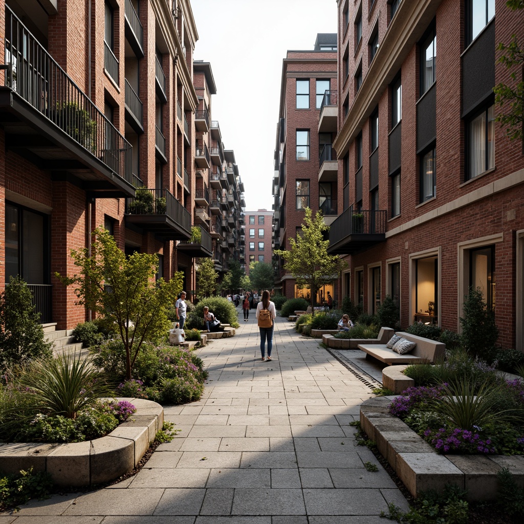 Prompt: Rustic warehouse district, industrial heritage, exposed brick facades, metal accents, reclaimed wood features, urban green spaces, native plant species, meandering walkways, weathered steel benches, distressed concrete textures, functional drainage systems, overhead crane tracks, vintage signage, warm atmospheric lighting, shallow depth of field, 2/3 composition, symmetrical framing, realistic material rendering.