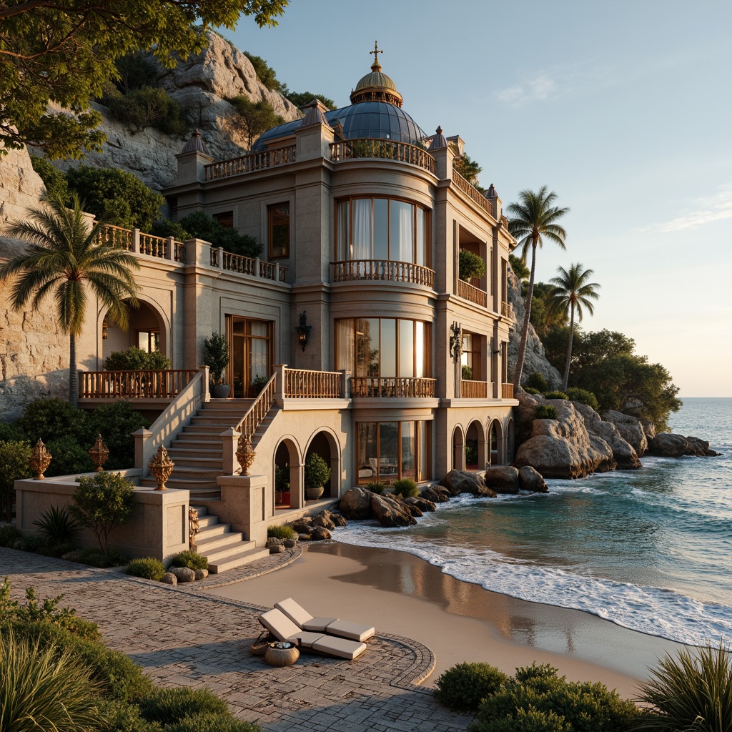 Prompt: Majestic coastal mansion, ornate Baroque architecture, grandiose facade, intricately carved stonework, sweeping archways, dramatic ocean views, sandy beachfront, rocky shoreline, crashing waves, salty sea air, warm sunny day, soft golden lighting, shallow depth of field, 1/1 composition, realistic textures, ambient occlusion, luxurious interior design, opulent furnishings, lavish decorations, grand chandeliers, ornate mirrors, rich wood paneling.