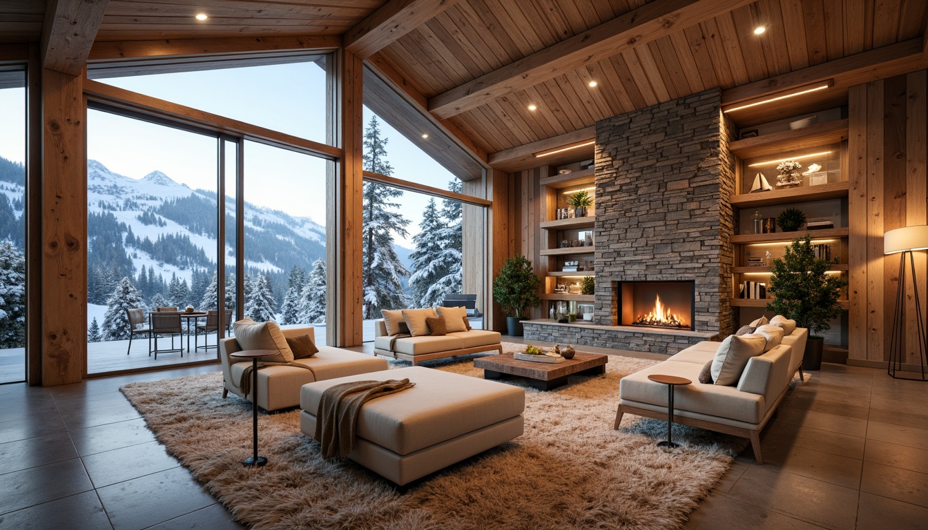 Prompt: Luxurious ski lodge, modern wooden accents, sleek metal fixtures, warm ambient lighting, plush area rugs, comfortable sofas, rustic stone fireplaces, reclaimed wood walls, polished chrome hardware, minimalist decor, snowy mountain views, large windows, sliding glass doors, cozy reading nooks, rich leather upholstery, natural textiles, earthy color palette, warm beige tones, soft cream accents, 1/1 composition, shallow depth of field, realistic reflections, ambient occlusion.