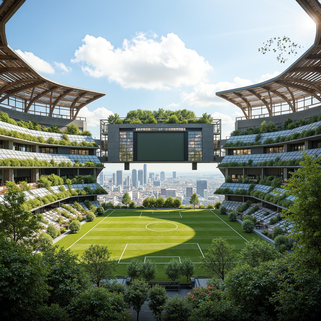 Prompt: Eco-friendly stadium, recycled materials, green roofs, solar panels, wind turbines, rainwater harvesting systems, low-carbon concrete, FSC-certified wood, reclaimed wood accents, energy-efficient LED lighting, natural ventilation systems, large windows, transparent fa\u00e7ades, minimal waste management, composting facilities, organic landscaping, native plant species, permeable pavement, stormwater management systems, circular economy principles, biophilic design elements, futuristic architecture, angular lines, dynamic shapes, vibrant color schemes, panoramic views, shallow depth of field, 3/4 composition.