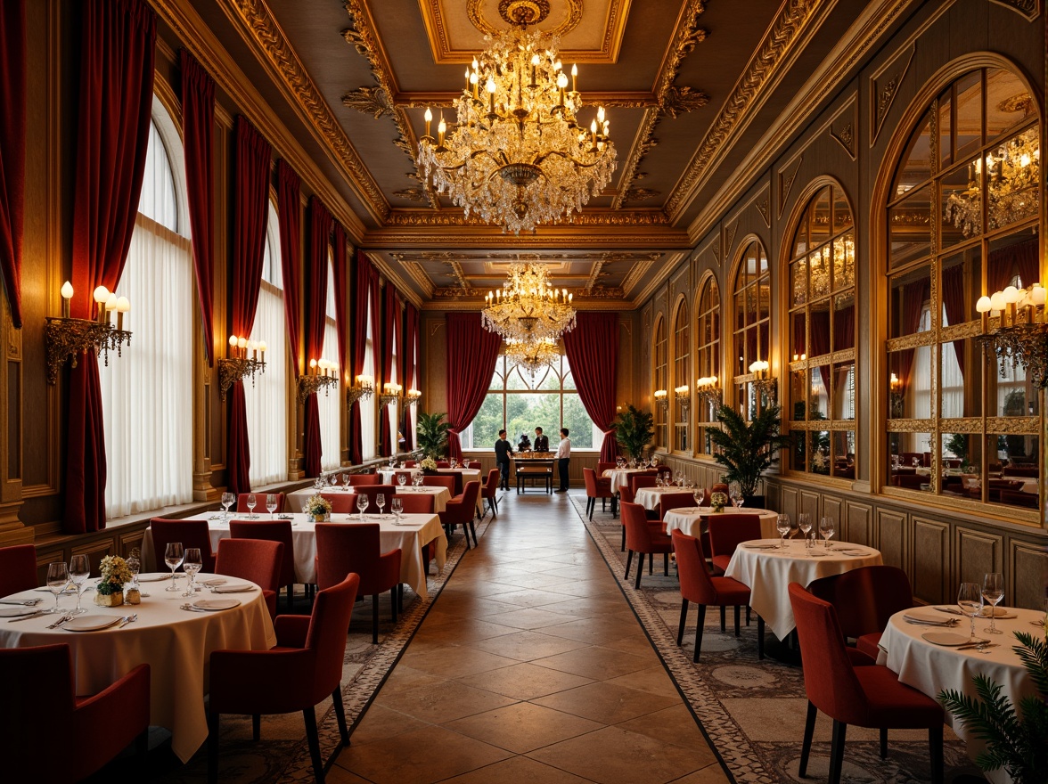 Prompt: Luxurious restaurant interior, ornate gold accents, intricate carvings, grand chandeliers, rich velvet drapes, marble countertops, ornamental mirrors, lavish furnishings, Baroque-style architecture, curved lines, dramatic archways, opulent decorations, warm golden lighting, soft focus, shallow depth of field, 1/2 composition, realistic textures, ambient occlusion.