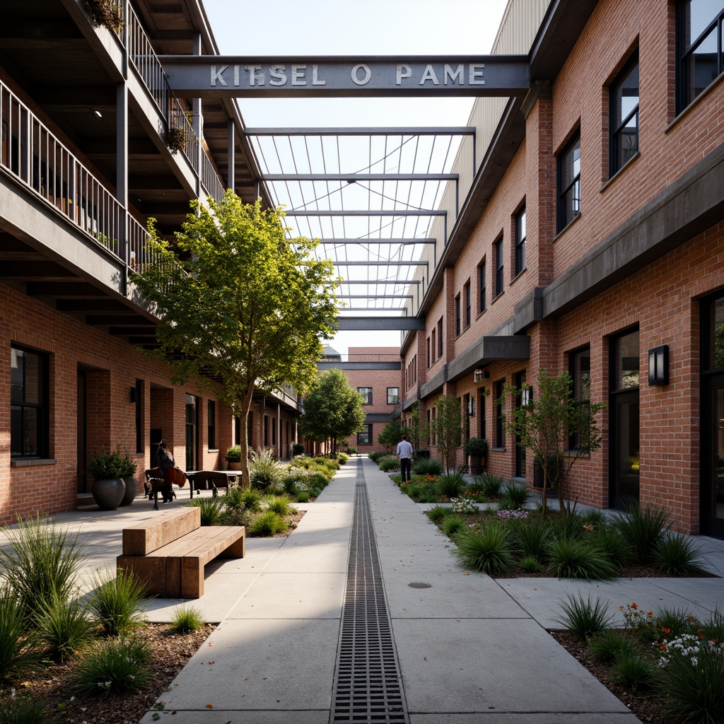 Prompt: Rustic warehouse district, industrial heritage, exposed brick facades, metal accents, reclaimed wood features, urban green spaces, native plant species, meandering walkways, weathered steel benches, distressed concrete textures, functional drainage systems, overhead crane tracks, vintage signage, warm atmospheric lighting, shallow depth of field, 2/3 composition, symmetrical framing, realistic material rendering.