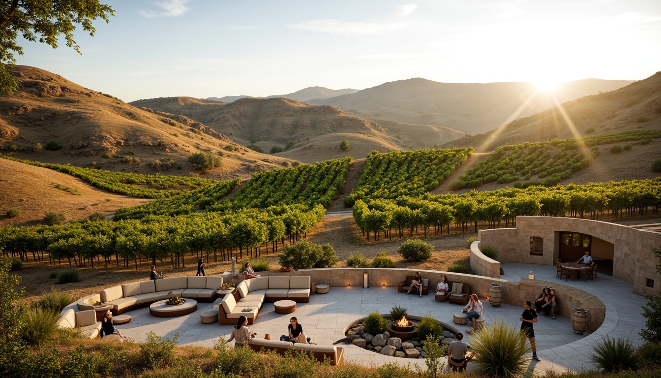 Prompt: Rolling vineyards, lush green hills, rustic stone walls, wooden trellises, wine barrels, grapevines, sun-kissed terrain, warm golden lighting, soft focus, shallow depth of field, 3/4 composition, panoramic view, realistic textures, ambient occlusion, modern winery architecture, curved lines, minimalist design, natural materials, earthy tones, outdoor seating areas, fire pits, water features, scenic overlooks, winding paths, Mediterranean-inspired landscaping.