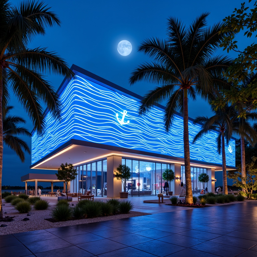 Prompt: Glowing neon lights, ocean-inspired facade, wavy lines, beachy vibes, tropical plants, palm trees, driftwood accents, nautical ropes, anchor symbols, seaside promenade, moonlit night, soft blue lighting, misty atmosphere, 1/1 composition, shallow depth of field, realistic textures, ambient occlusion, modern minimalist architecture, sleek glass surfaces, metallic frames, LED light installations, dynamic color schemes, futuristic ambiance.