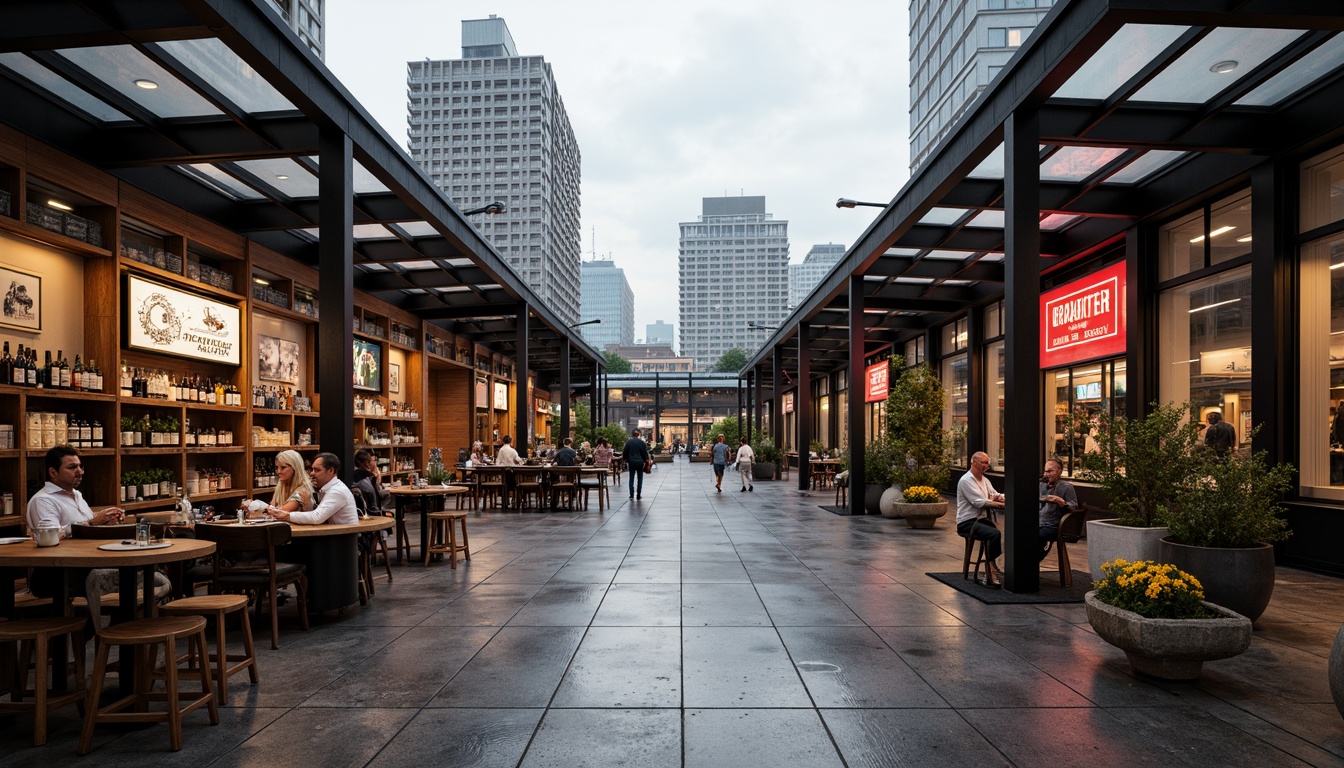 Prompt: Monochromatic modern market, sleek glass roofs, polished metal accents, industrial chic concrete floors, reclaimed wood textures, vibrant neon signage, eclectic mix of vintage and contemporary furniture, urban cityscape backdrop, overcast sky with soft warm lighting, shallow depth of field, 1/1 composition, realistic reflections, ambient occlusion.