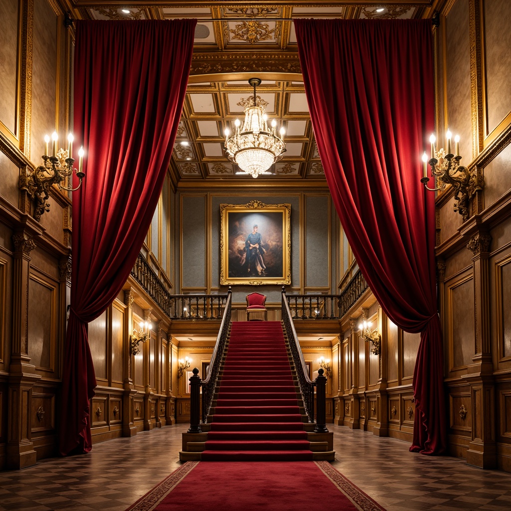 Prompt: Rich velvet curtains, ornate golden frames, lavish chandeliers, grand staircase, opulent red carpet, intricate moldings, Baroque-inspired architecture, dramatic spotlights, warm ambient lighting, shallow depth of field, 1/2 composition, realistic textures, ambient occlusion, luxurious fabrics, regal color palette, Renaissance-era motifs, ornamental details, majestic high ceilings, grandiose scale, symmetrical layout.