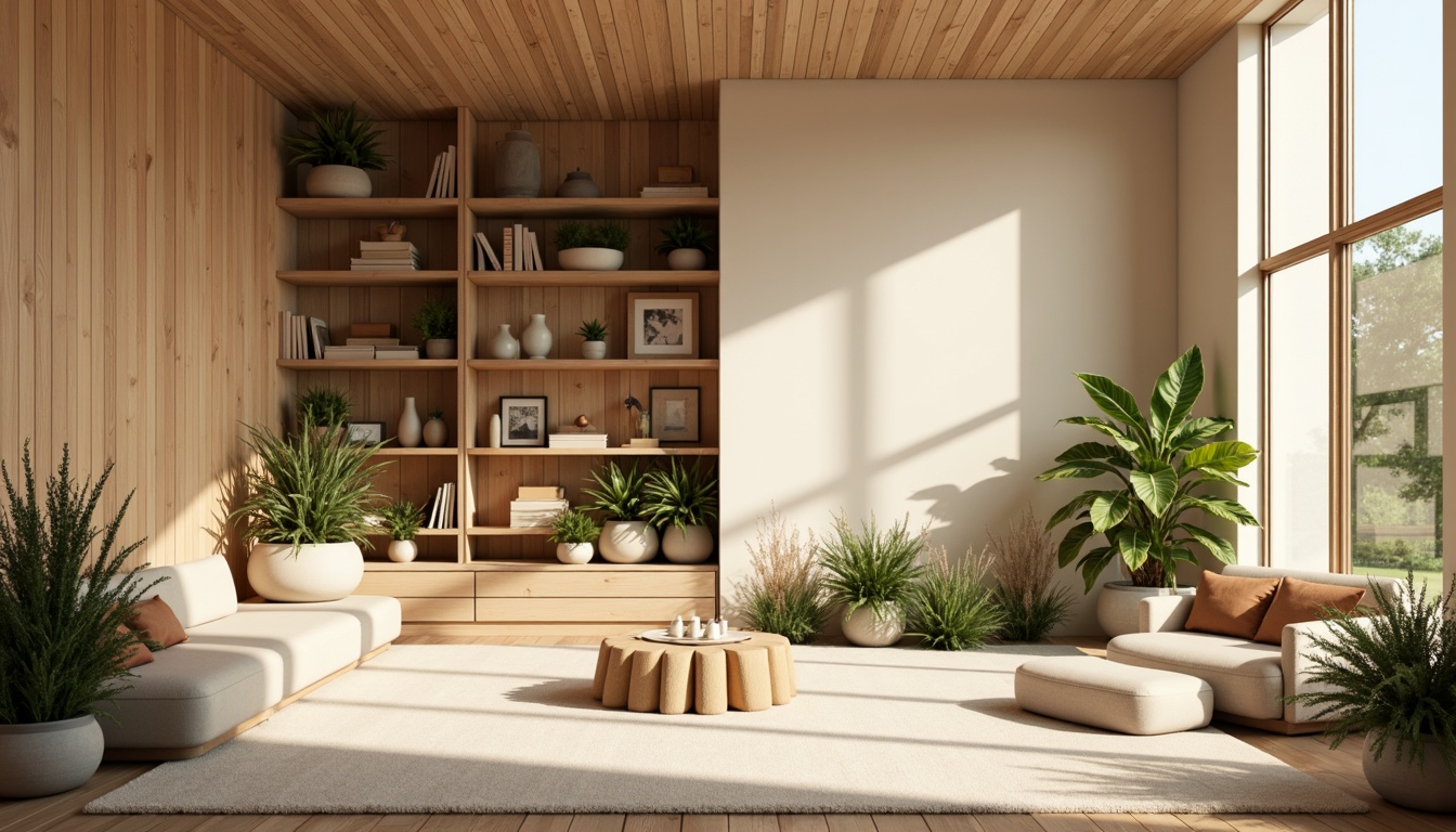 Prompt: Muted earthy tones, soft pastel hues, calming beige walls, natural wood accents, plush greenery, creamy whites, warm golden lighting, cozy reading nooks, comfortable seating areas, minimalist decor, subtle texture contrasts, organic shapes, serene atmosphere, shallow depth of field, 1/1 composition, realistic renderings, ambient occlusion.