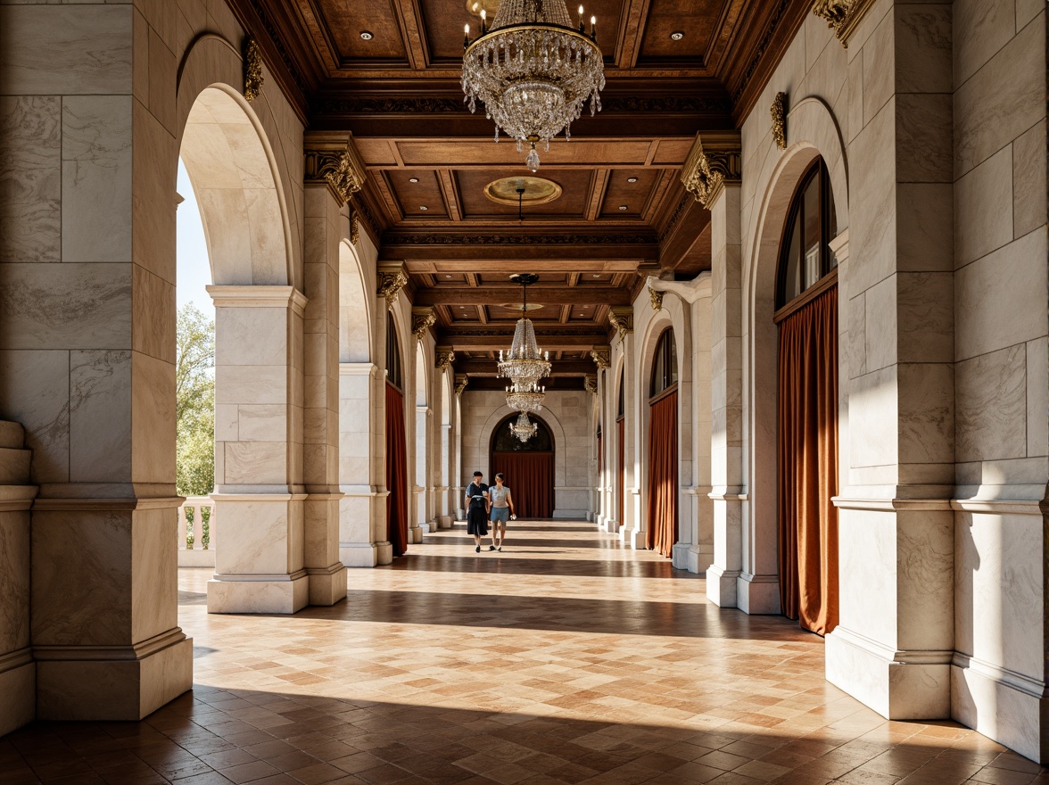 Prompt: Marble columns, ornate carvings, grand archways, symmetrical facades, rusticated bases, smooth limestone walls, intricate moldings, gilded details, velvet drapes, polished wooden floors, crystal chandeliers, soft warm lighting, shallow depth of field, 3/4 composition, panoramic view, realistic textures, ambient occlusion.