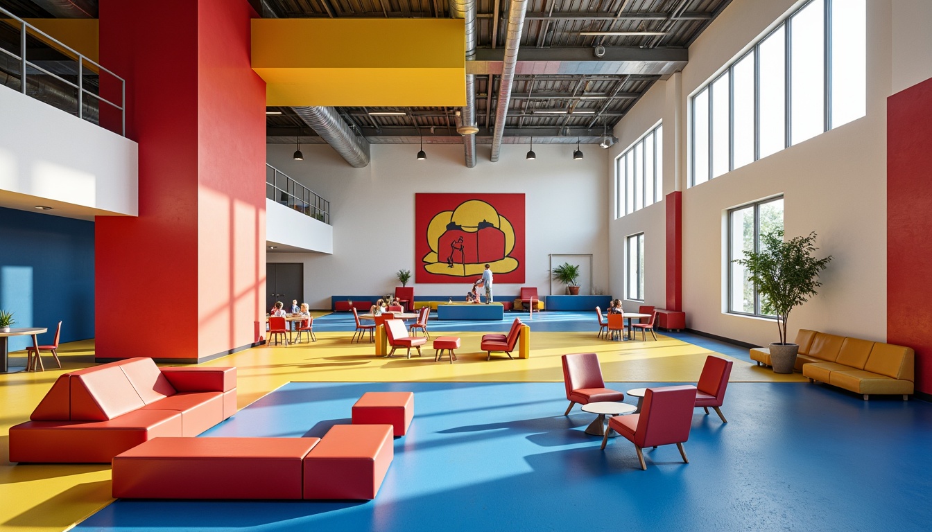 Prompt: Vibrant constructivist school, bold geometric shapes, primary color scheme, bright red accents, deep blue tones, yellow highlights, white concrete walls, industrial metal beams, exposed ductwork, minimalist furniture, functional design, open floor plans, collaborative learning spaces, natural light pouring in, softbox lighting, shallow depth of field, 1/1 composition, realistic textures, ambient occlusion.