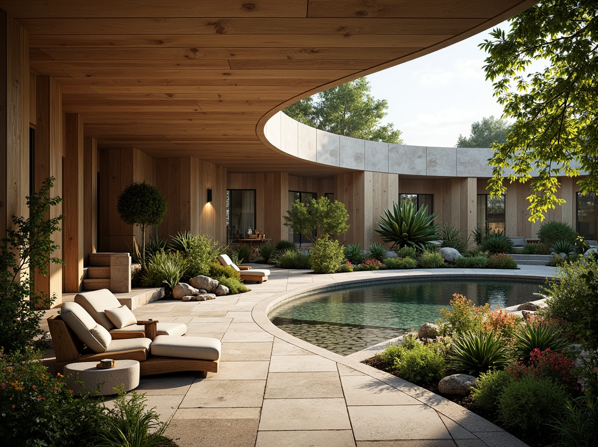 Prompt: Curved lines, fluid forms, natural materials, earthy tones, botanical gardens, lush greenery, vibrant flowers, wooden accents, stone walls, organic textures, free-flowing spaces, open floor plans, minimalist decor, warm ambient lighting, soft shadows, 1/1 composition, intimate scale, cozy atmosphere, serene ambiance, connection to nature.