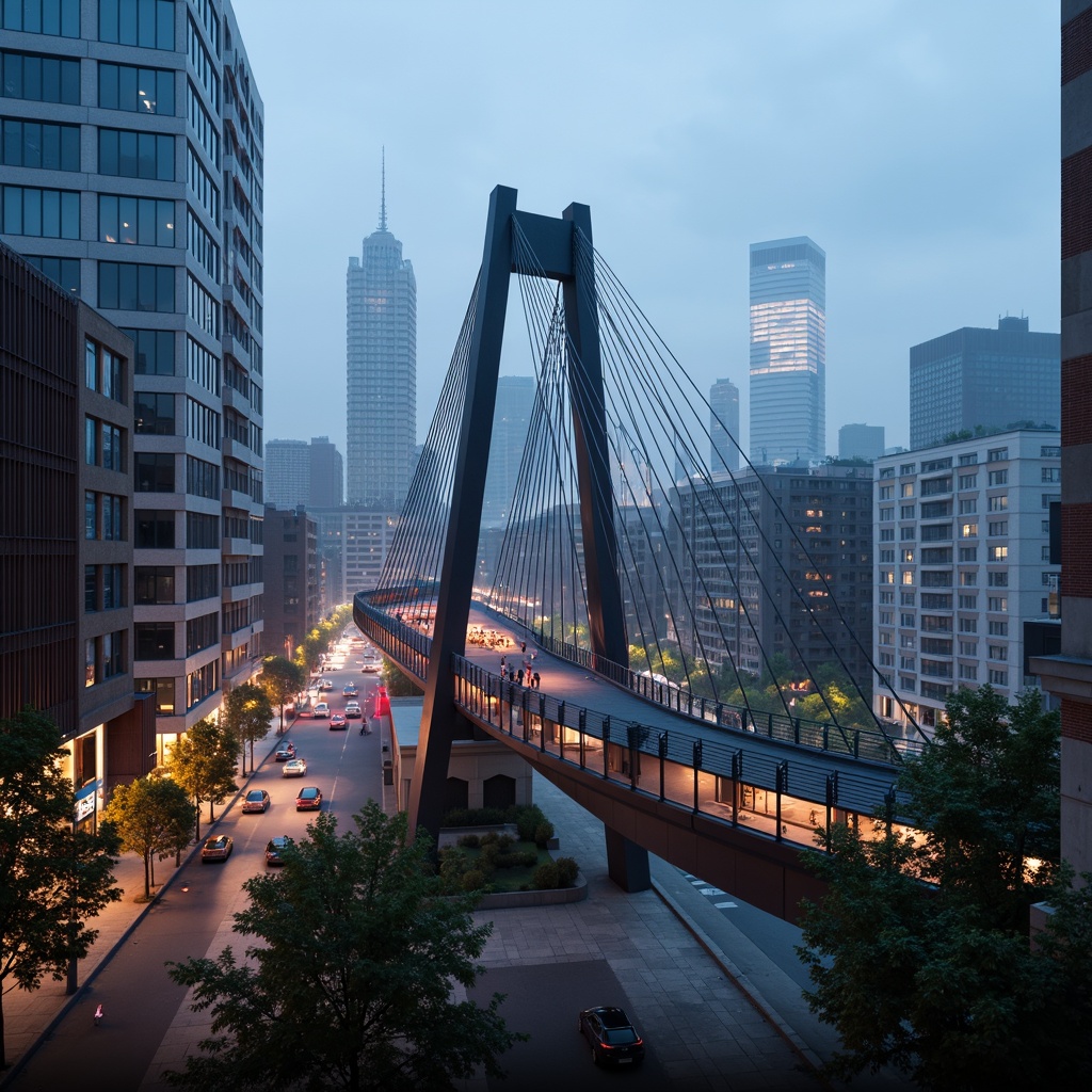 Prompt: Sleek pedestrian bridge, modernist architecture, minimalist design, clean lines, geometric shapes, steel beams, cable-stayed structure, suspension system, cantilevered sections, asymmetrical composition, urban landscape, city skyline, busy streets, vibrant streetlights, misty evening atmosphere, soft warm lighting, shallow depth of field, 1/2 composition, low-angle shot, realistic textures, ambient occlusion.