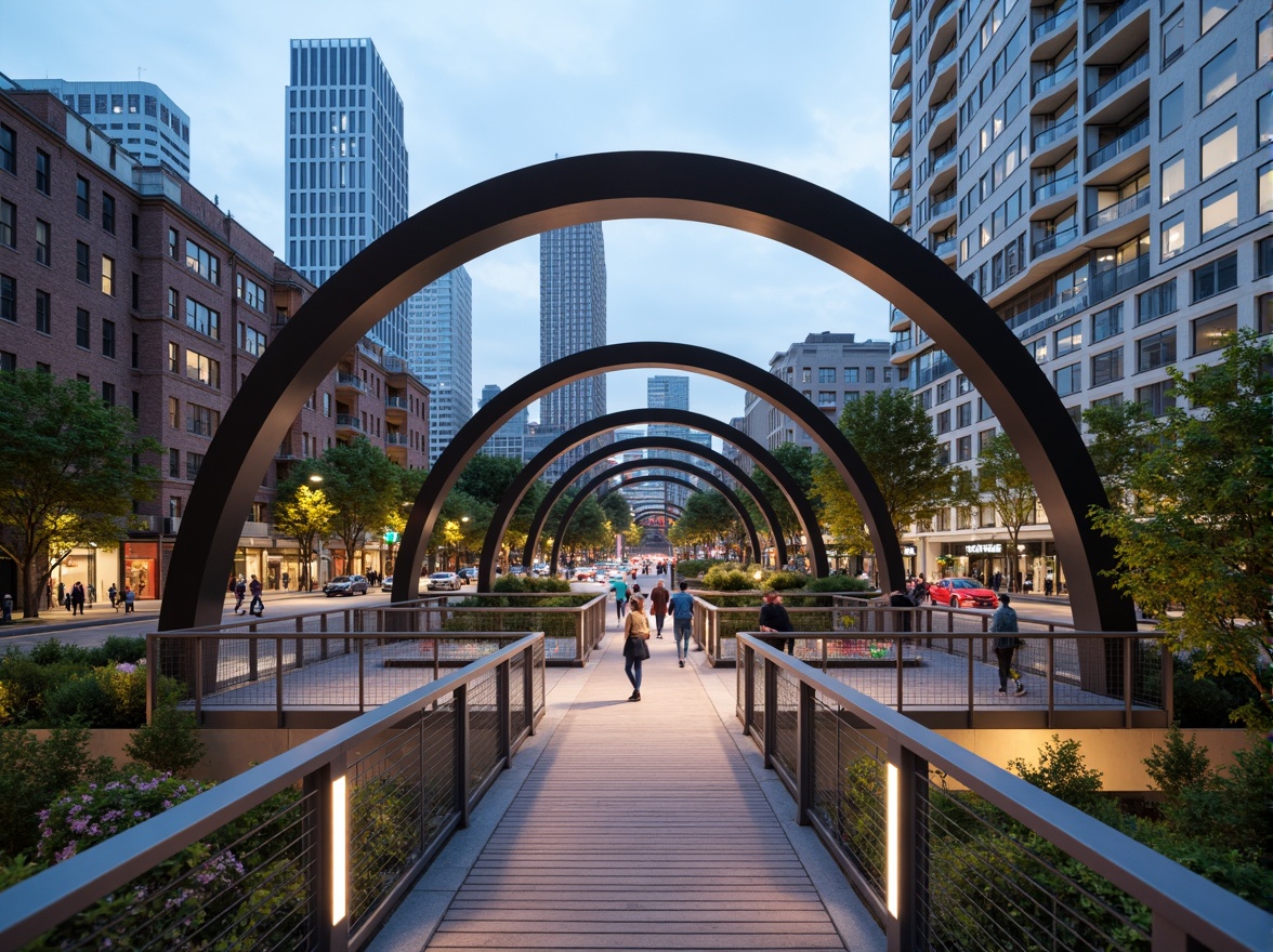 Prompt: Modern pedestrian bridge, sleek steel arches, durable concrete piers, weathered wood decking, stainless steel railings, minimalist lighting fixtures, urban cityscape, busy street traffic, vibrant greenery, natural stone abutments, cantilevered walkways, suspension cables, dynamic structural systems, innovative materials, sustainable design, eco-friendly construction, warm ambient lighting, shallow depth of field, 3/4 composition, panoramic view, realistic textures, ambient occlusion.