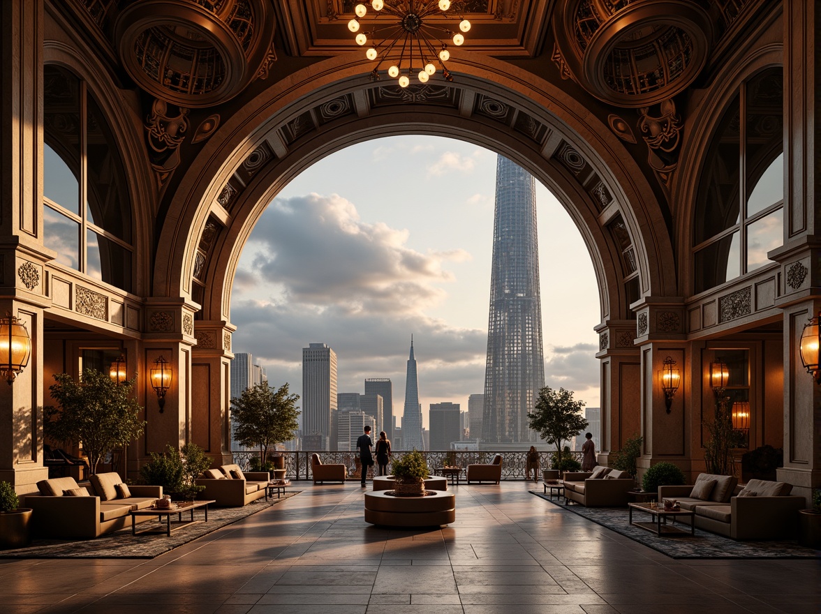 Prompt: Luxurious skyscraper, Art Nouveau inspiration, ornate metalwork, grandiose entrance, sweeping curves, intricate stonework, lavish chandeliers, opulent furnishings, rich velvet drapes, majestic cityscape views, dramatic cloud formations, warm golden lighting, soft misty atmosphere, 1/1 composition, cinematic camera angles, high-contrast rendering, detailed textures, ambient occlusion.