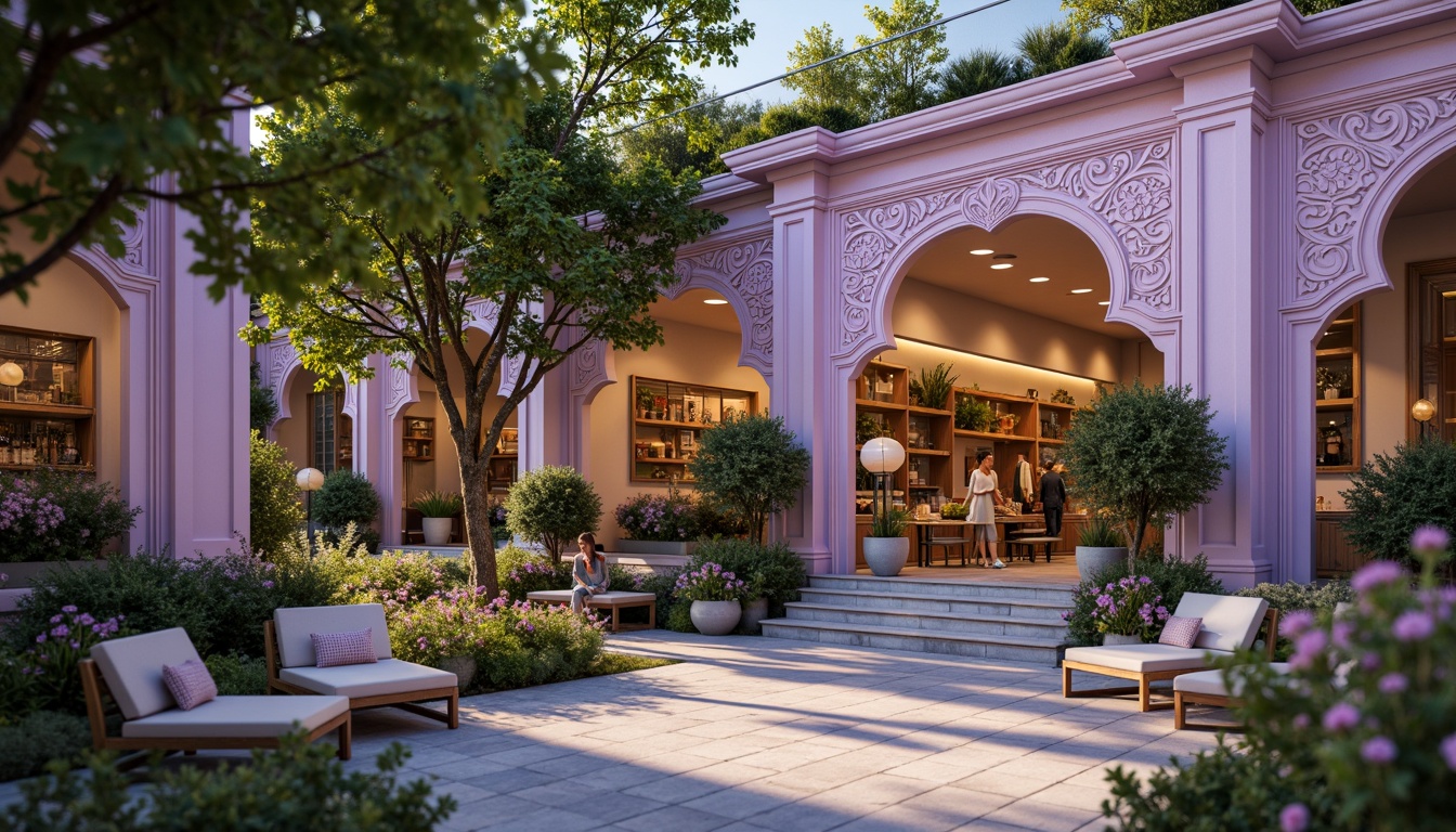 Prompt: Whimsical lilac-hued boutique, ornate Victorian architecture, delicate filigree details, soft pastel colors, romantic florals, lush greenery, vintage garden benches, distressed wooden accents, antique bronze fixtures, warm golden lighting, shallow depth of field, 1/1 composition, intimate atmosphere, realistic textures, ambient occlusion.