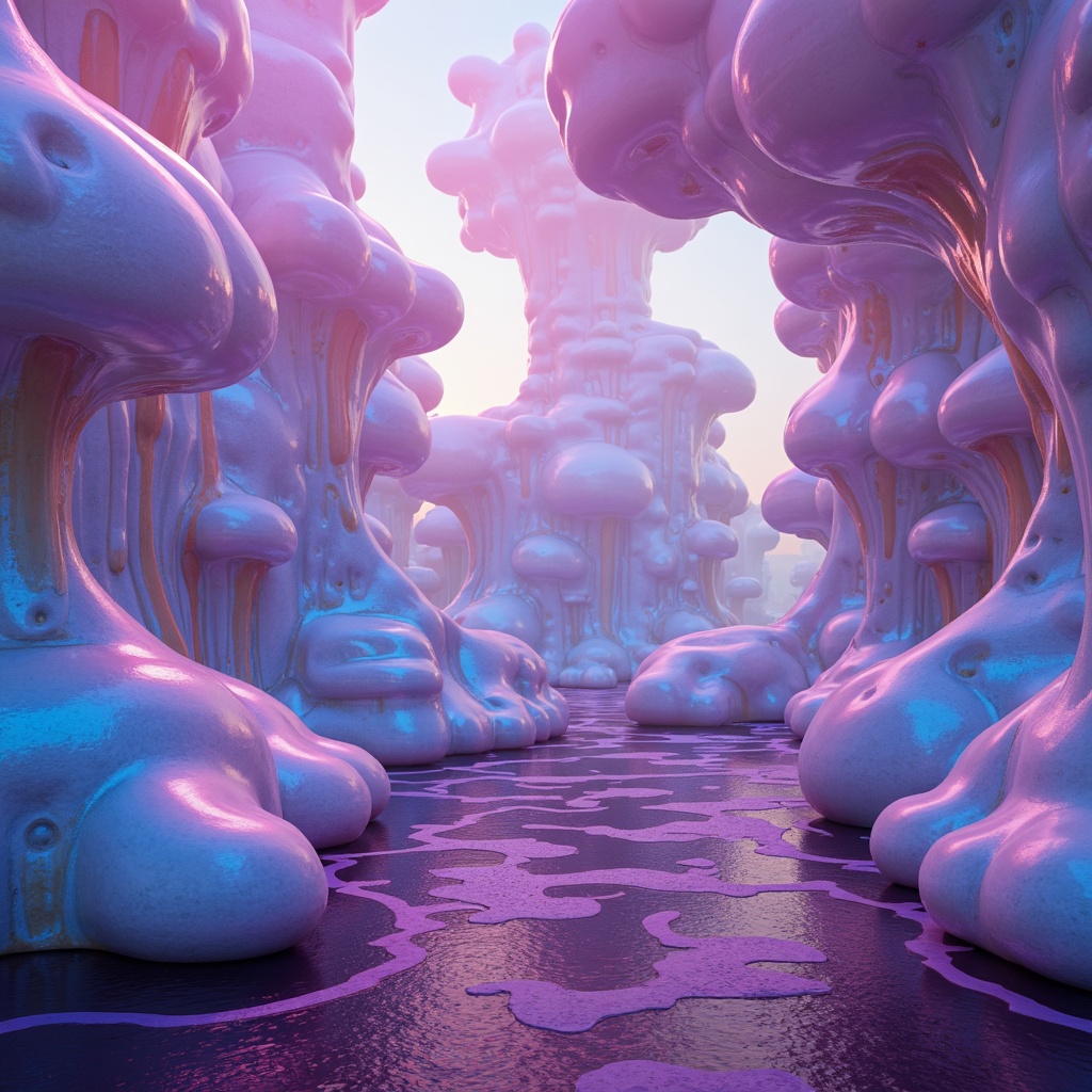 Prompt: Vibrant blob-like structures, iridescent colors, shimmering effects, neon hues, pastel shades, soft gradients, glowing accents, luminescent materials, futuristic ambiance, sci-fi inspired design, abstract shapes, organic forms, fluid dynamics, dreamy atmosphere, surreal landscapes, misty backgrounds, ethereal lighting, 3/4 composition, panoramic view, realistic textures, ambient occlusion.