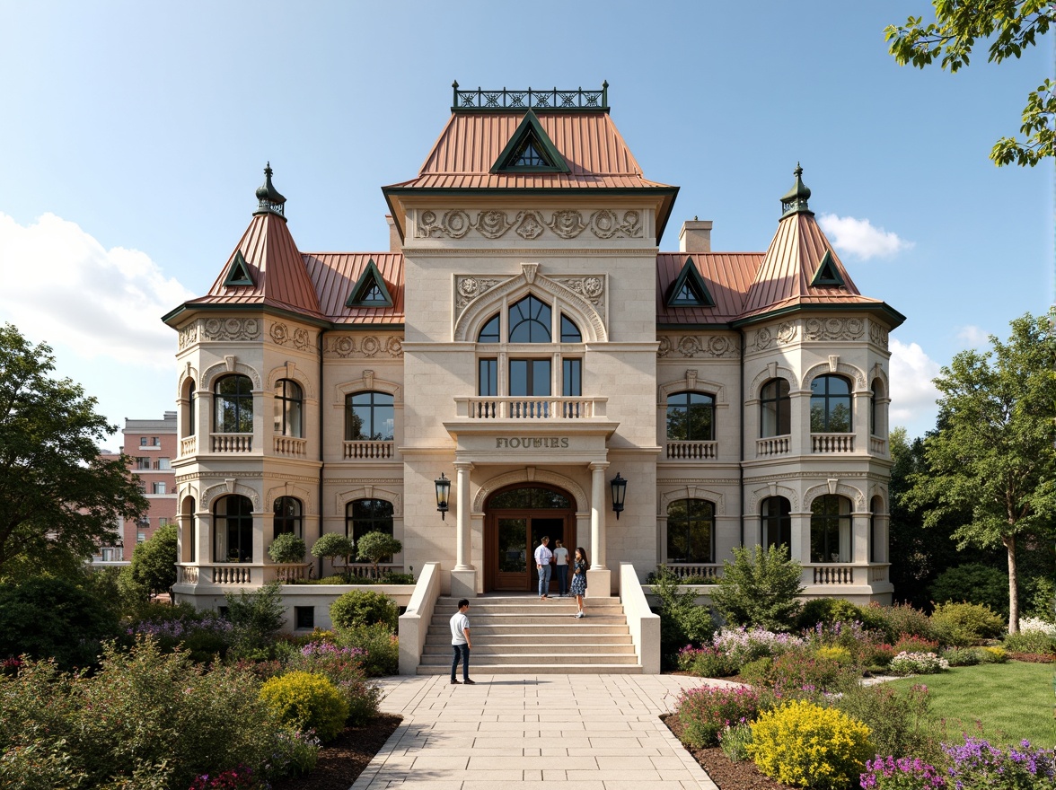 Prompt: Grand courthouse building, romanticism style facade, ornate stone carvings, intricate moldings, grandiose entrance, sweeping staircases, majestic columns, rusticated base, arched windows, stained glass details, gothic-inspired spires, weathered copper roofing, lush greenery, blooming flowers, sunny day, soft warm lighting, shallow depth of field, 3/4 composition, panoramic view, realistic textures, ambient occlusion.