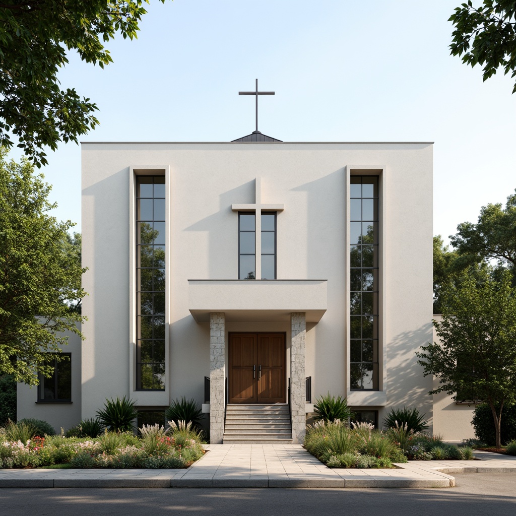 Prompt: Minimalist church facade, clean lines, rectangular forms, large glass windows, steel frames, modern cross designs, subtle stone accents, neutral color palette, natural light illumination, shallow depth of field, 3/4 composition, panoramic view, realistic textures, ambient occlusion, serene atmosphere, peaceful surroundings, lush greenery, blooming flowers, sunny day, soft warm lighting.