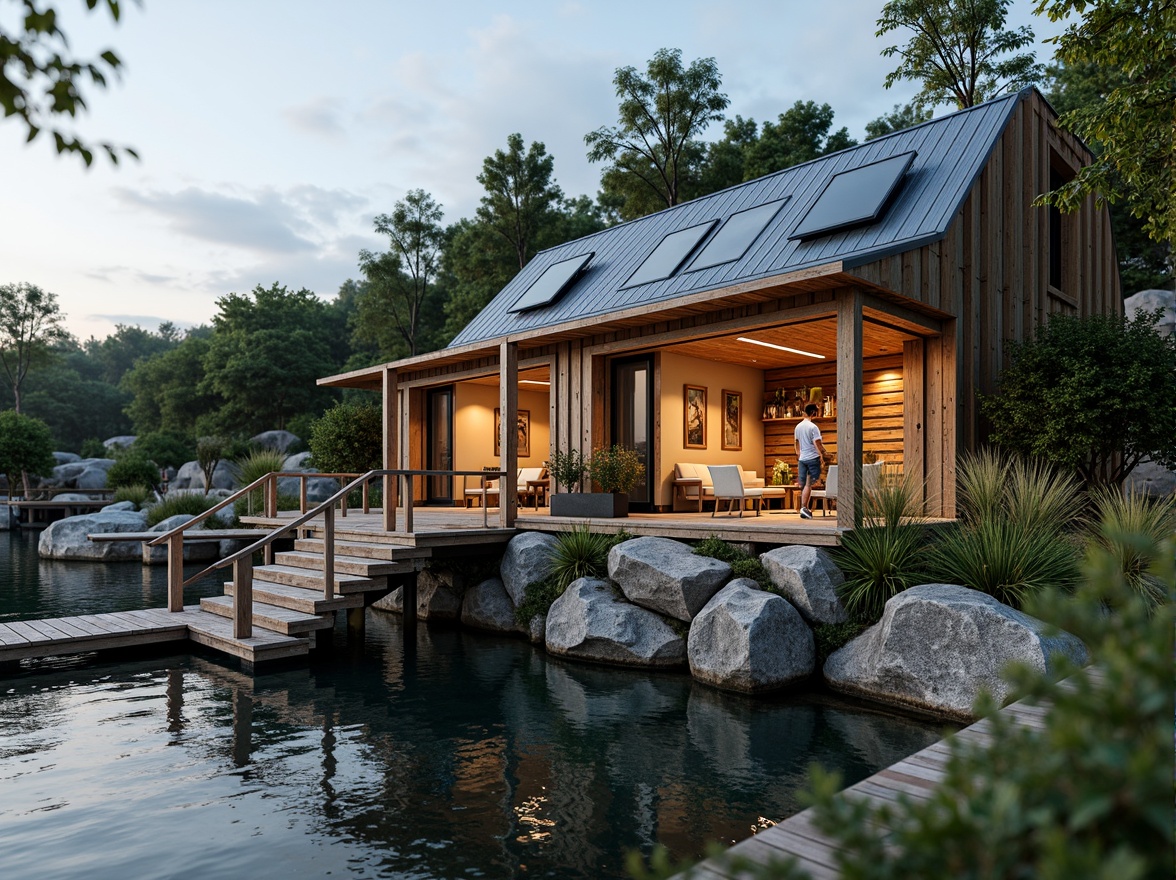 Prompt: Waterfront boathouse, rustic wooden docks, natural stone foundations, reclaimed wood accents, eco-friendly roofing materials, solar panels, rainwater harvesting systems, living green walls, nautical-themed decorative elements, cozy interior spaces, warm ambient lighting, shallow depth of field, 1/1 composition, realistic textures, soft focus effect.