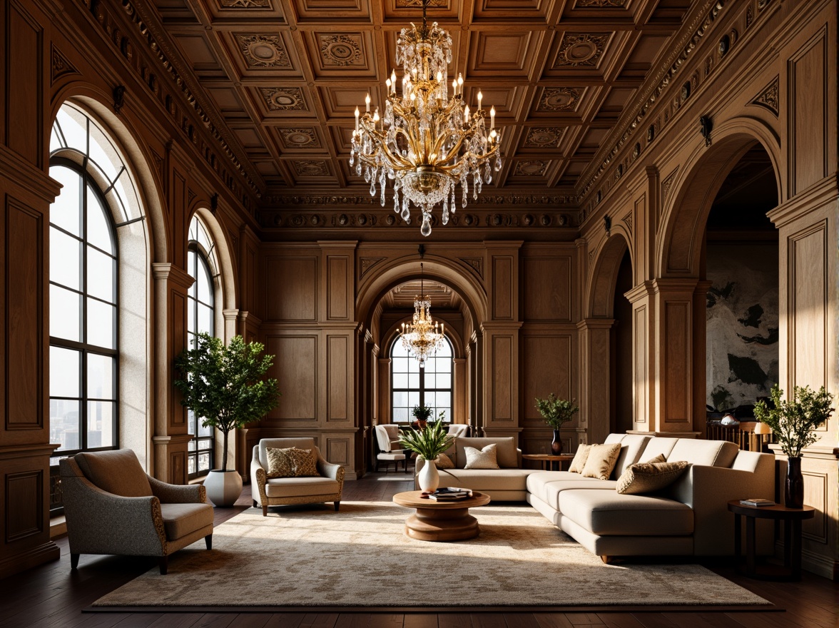 Prompt: Renaissance-style apartments, ornate ceiling decorations, intricate moldings, luxurious chandeliers, crystal droplets, golden accents, rich wood tones, coffered ceilings, barrel vaults, decorative arches, soft warm lighting, ambient shadows, 3/4 composition, realistic textures, subtle color palette, elegant furnishings, refined interior design, sophisticated ambiance, upscale living spaces.