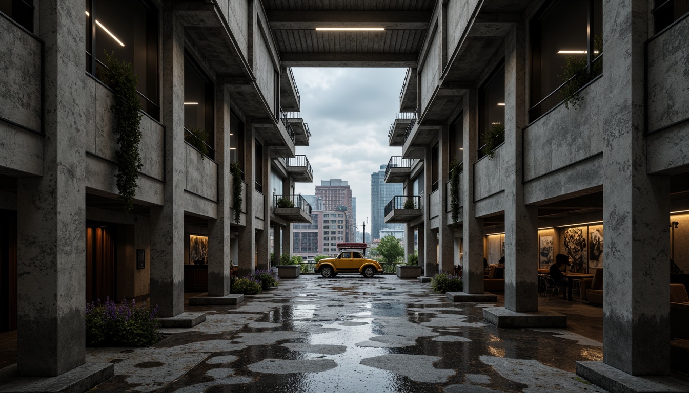 Prompt: Rough-hewn concrete walls, exposed ductwork, industrial metal beams, brutalist architecture, cinematic lighting, dramatic shadows, high-contrast textures, rugged stone floors, distressed wood accents, urban cityscape, overcast skies, moody atmospheric effects, low-angle camera shots, symmetrical composition, bold color grading, gritty realistic rendering, detailed 3D modeling, ambient occlusion, cinematic depth of field.