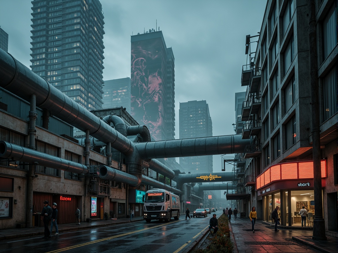 Prompt: Futuristic cityscape, industrial pipes, metallic structures, neon lights, cyberpunk atmosphere, abandoned factories, rusty machinery, distressed concrete walls, urban decay, sci-fi inspired architecture, sleek skyscrapers, holographic advertisements, levitating transportation pods, robotic pedestrians, atmospheric fog, moody lighting, high contrast, 1/1 composition, cinematic view, realistic metallic textures, advanced special effects.